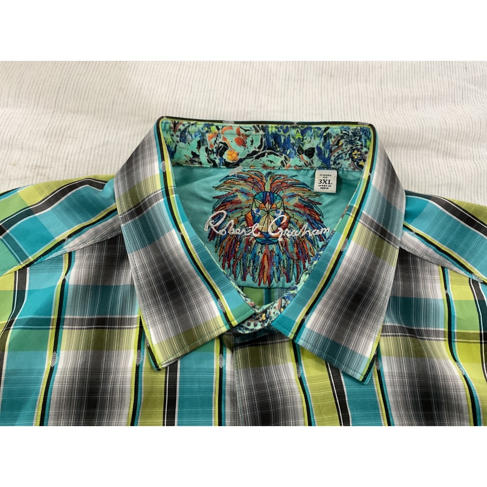 Robert Graham Mens 3XL Classic Fit Plaid Button Down Shirt Teal Green Lion Logo